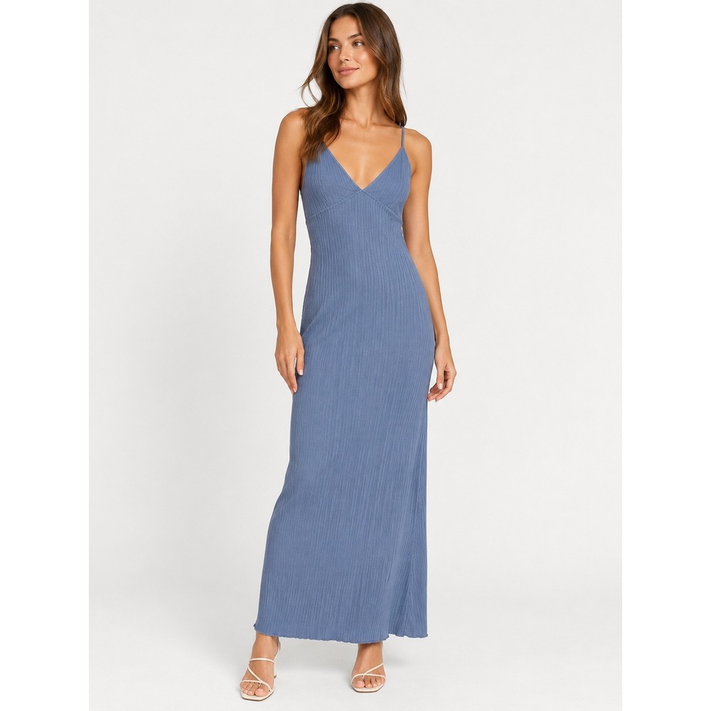 Reformation Brant Dress Viola Blue Ribbed Knit Maxi Sleeveless Minimalist Large